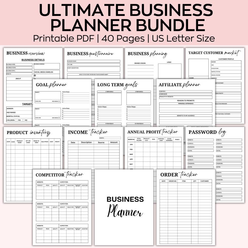 May include: A black and white printable business planner bundle with 40 pages. The pages include sections for business details, goals, income tracking, product inventory, competitor tracking, affiliate planning, and more.