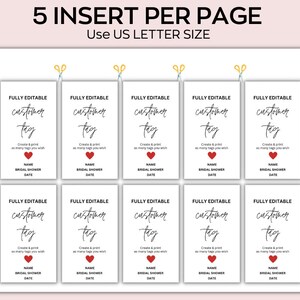 K&ouml;nnte beinhalten: Druckbare Kundenetiketten-Vorlage f&uuml;r eine Brautparty. Die Vorlage ist vollst&auml;ndig editierbar und enth&auml;lt den Text "FULLY EDITABLE customer tag" und ein rotes Herz. Die Vorlage ist f&uuml;r den Druck auf Papier im US-Letter-Format konzipiert.