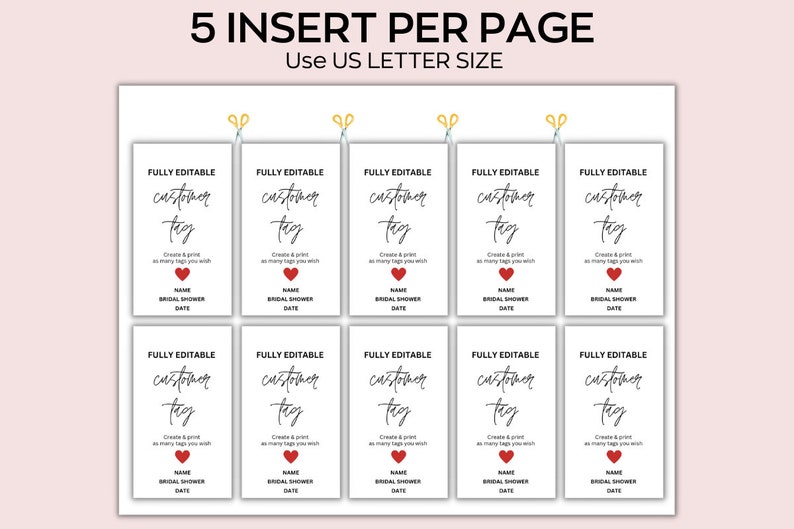 K&ouml;nnte beinhalten: Druckbare Kundenetiketten-Vorlage f&uuml;r eine Brautparty. Die Vorlage ist vollst&auml;ndig editierbar und enth&auml;lt den Text "FULLY EDITABLE customer tag" und ein rotes Herz. Die Vorlage ist f&uuml;r den Druck auf Papier im US-Letter-Format konzipiert.