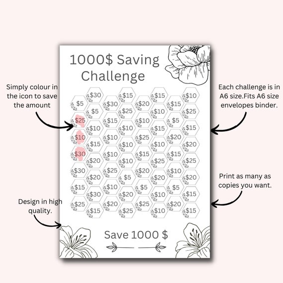 Floral 1000 Savings Challenge Printable, 100 Envelope
