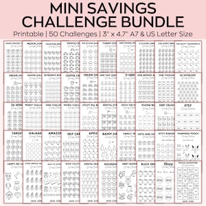 May include: A printable sheet with 50 different savings challenges. Each challenge has a title and a grid of circles to color in as you save money. The challenges include saving for a new phone, a vacation, a coffee fund, and more. The sheet is designed to be printed on 3" x 4.7" paper or A7 paper.