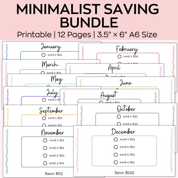 Défi épargne minimaliste à imprimer, lot mensuel Défi épargner de l'argent, mini trackers défi épargne format A6, mensuel