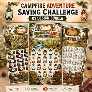 Può includere: Tre tracker di risparmio cartacei verticali con temi da campeggio. I design includono illustrazioni di lanterne, zaini e scene naturali con il testo CAMPFIRE ADVENTURE SAVING CHALLENGE 03 DESIGN BUNDLE, CAMP SETU, SUMMER CAMP ADVENTURE e CAMPFIRE FUN.