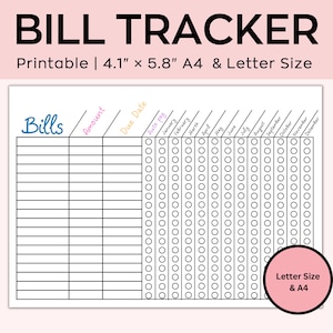 Bill Tracker Printable, Monthly Bill Tracker Printable, Bill Payment Checklist, Bill Planner, Monthly Bill Log, Bill Pay Checklist