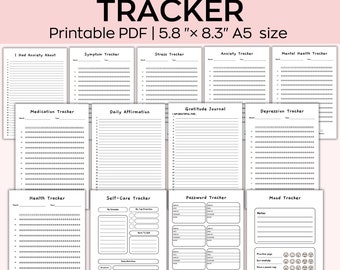 May include: Printable mental health tracker with 12 different pages, including a symptom tracker, stress tracker, anxiety tracker, medication tracker, daily affirmation, gratitude journal, depression tracker, health tracker, self-care tracker, password tracker, and mood tracker. Each page is designed with a simple black and white layout.