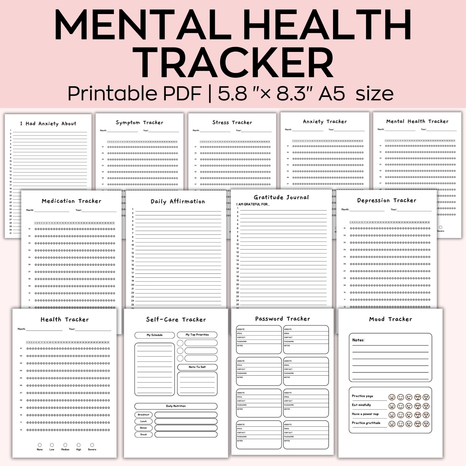 Mental Health Tracker Bundle, A5 Printable Journal Pages, Self Care ...