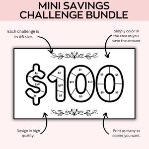 May include: Black and white printable savings challenge chart with the number 100 divided into sections for saving different amounts of money. The chart is designed to be colored in as you save money. The text "$100" is printed on the chart.