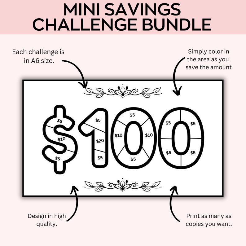 May include: Black and white printable savings challenge chart with the number 100 divided into sections for saving different amounts of money. The chart is designed to be colored in as you save money. The text "$100" is printed on the chart.