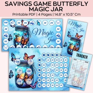 May include: A printable savings game for children featuring a blue mason jar with butterflies and stars. The game board includes a tracker for recording savings. The game is designed to help children learn about saving money.