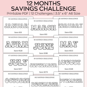 May include: A printable 12-month savings challenge chart. Each month is represented by a black and white illustration of the month's name with a grid of numbers inside. The chart is designed to help people save money throughout the year. The chart is 3.5 inches by 6 inches and is printed on A6 size paper.