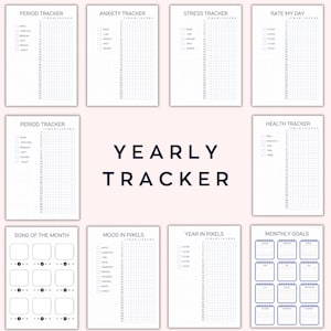 Yearly Trackers Bundle, Printable Bullet Journal, Motivational Planner, Fitness Tracker, Year in Pixels, Habit Tracker, Anxiety Tracker