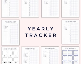 Yearly Trackers Bundle, Printable Bullet Journal, Motivational Planner, Fitness Tracker, Year in Pixels, Habit Tracker, Anxiety Tracker