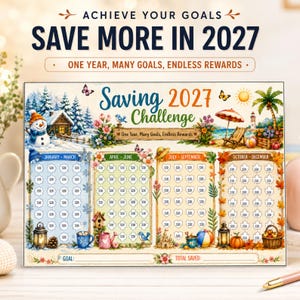 May include: A 2027 savings challenge tracker featuring four seasonal sections with dollar amounts in shapes. The top text reads ACHIEVE YOUR GOALS SAVE MORE IN 2027 and ONE YEAR, MANY GOALS, ENDLESS REWARDS. The design includes illustrations of a snowman, beach, and autumn foliage.