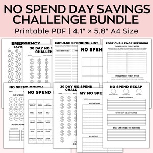 May include: A printable PDF bundle of worksheets for a 30-day no-spend challenge. The worksheets include sections for tracking spending, setting goals, and reflecting on the experience. The bundle is designed to help people save money and break bad spending habits.