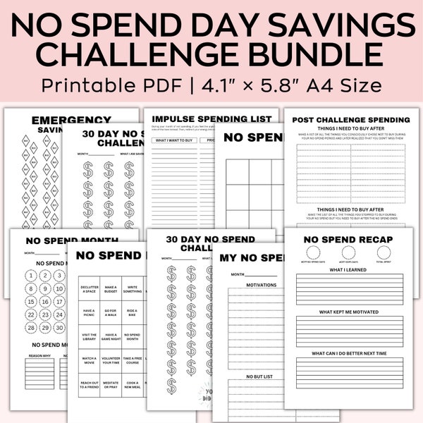 No Spend day tacker Printable Bundle, Emergency Fund, Savings Challenge, No Spend Calendar, Financial Challenge, 30-Day No Buy Challenge