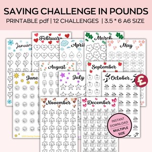 May include: A printable PDF containing 12 monthly saving challenge sheets. Each sheet features a different theme and design, such as hearts for February, stars for August, and presents for December. The sheets are designed to help people save money throughout the year.