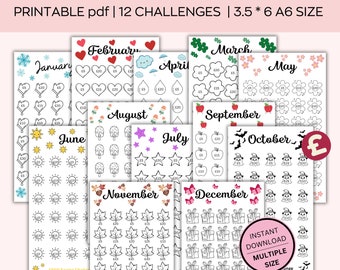 pond maandelijkse spaaruitdaging afdrukbaar, A6 mini-spaaruitdagingsbundel, trackers en geldenveloppen, A6 spaartacker, set van 12 pagina's