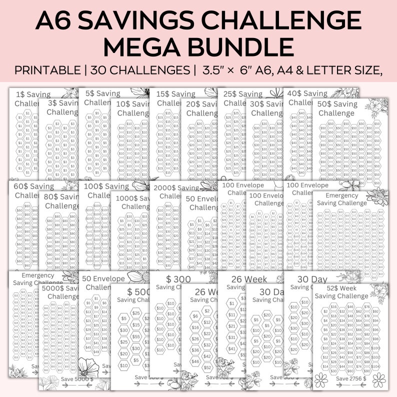A6 Savings Challenge Printable, Flower Saving Tracker Bundle, Finance ...