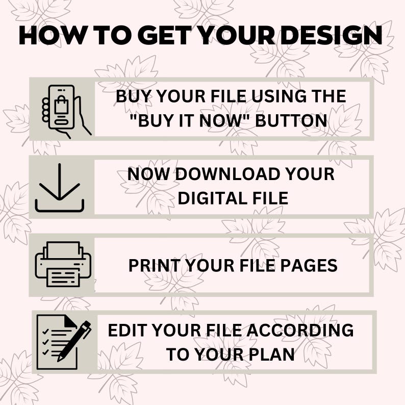 May include: Infographic with instructions on how to get a design. The steps include buying the file, downloading it, printing the pages, and editing the file. The text is in black on a light pink background with leaf illustrations.