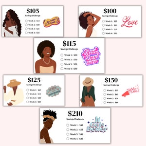 May include: A savings challenge chart with six different amounts: $105, $115, $125, $100, $150, and $210. Each amount has a corresponding savings goal for each week of the month. The chart also includes a colorful illustration of a woman for each amount.