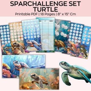 Puede incluir: Un conjunto PDF imprimible con temática de tortugas, que consta de 18 páginas. Las páginas, que miden 20 cm por 15 cm, muestran ilustraciones de tortugas y escenas submarinas. El conjunto incluye desafíos y actividades.