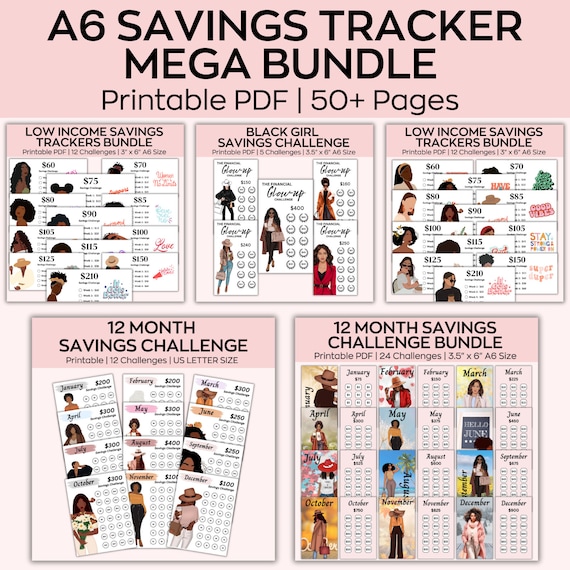 Low Income Savings Mega Bundle, A6 Minimalist Savings tracker printable, Black Girl Savings, Cash Envelopes, Saving Planner, Monthly Savings