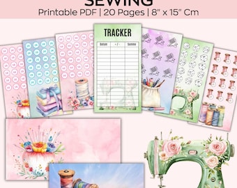 May include: A collection of printable sewing-themed pages. The pages include a tracker, stickers, and illustrations of sewing machines, spools of thread, and sewing notions. The text on the image reads "SPARCHALLENGE SET SEWING Printable PDF | 20 Pages | 8" x 15" Cm".