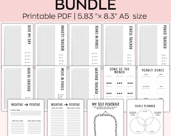 May include: A printable PDF bundle of yearly trackers for mood, anxiety, health, stress, sleep, weather, and goals. The trackers are designed in a minimalist black and white style with a grid format. The bundle also includes a self-portrait page and a goals planner.