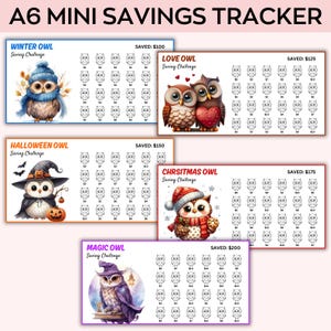 May include: A6 Mini Savings Tracker featuring five different owl-themed saving challenges. Each challenge has a different owl illustration, including Winter, Love, Halloween, Christmas, and Magic Owls. Each tracker has a different savings goal.