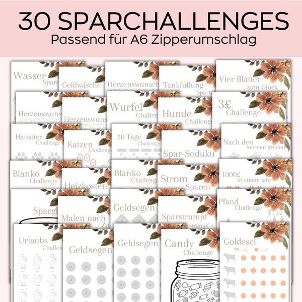 A6 Sparchallenge savings, Pounds saving tracker Printable, Envelope savings, candy savings, Zipper Cash Stuffing, German small savings