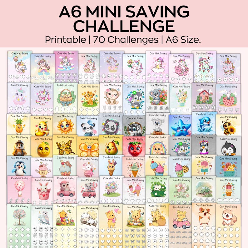 May include: A6 Mini Saving Challenge printable with 70 challenges. The cards feature colorful illustrations of various animals, food, and objects. The text "Cute Mini Saving" is repeated on each card. The cards are A6 size.
