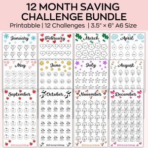 A6 Monthly Savings Challenge Printable, Mini Savings Challenge Bundle, Kids Savings Challenge, A6 saving tacker, Save 500, 30 Day, 12 Pages