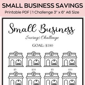 Puede incluir: Un rastreador de desafíos de ahorro imprimible para pequeñas empresas. El rastreador presenta una ilustración en blanco y negro de una cafetería con un objetivo de 180 €. El rastreador está dividido en ocho secciones, cada una con una cantidad diferente de dinero para ahorrar.