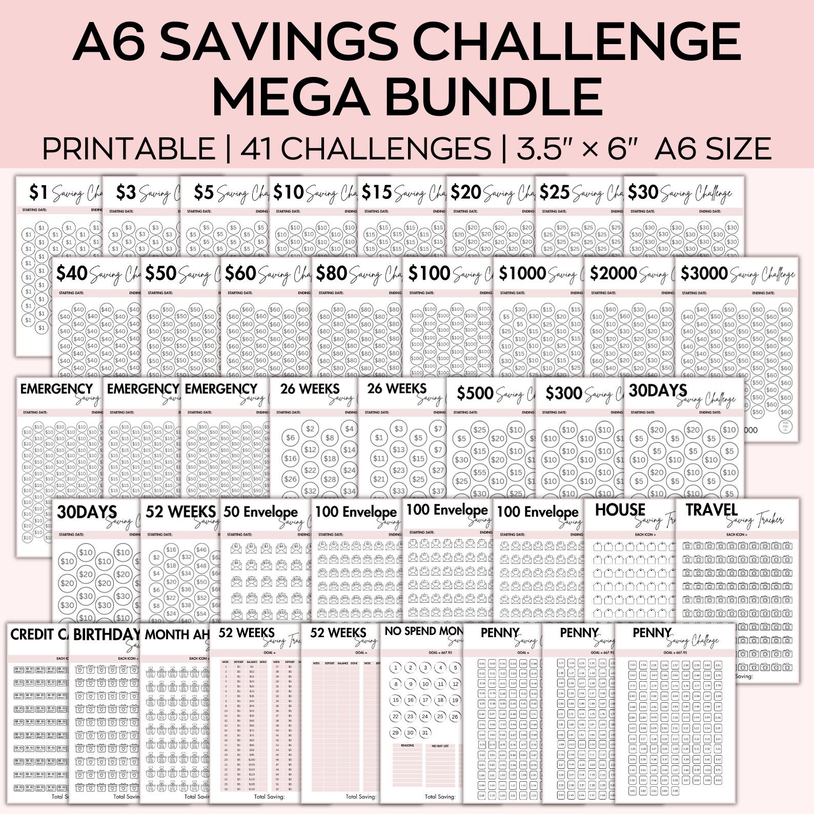 A6 Savings Challenge Printable, Savings Challenge Bundle, 1000 Savings Challenge, A6 Sized Mini Savings Challenge Trackers, Set Of 20, funds