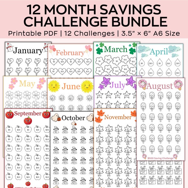 A6 Monthly Savings Challenge Printable, Mini Savings Challenge Bundle,Trackers & Cash Envelopes, A6 saving tacker,set of 12 Pages