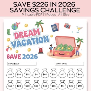 Puede incluir: Una hoja imprimible de desafío de ahorro con el texto "SAVE $226 IN 2026 SAVINGS CHALLENGE". El diseño incluye ilustraciones de una maleta llena de dinero, palmeras y las palabras "DREAM VACATION". También hay iconos de bolsas de dinero.