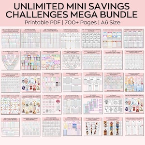 Puede incluir: Una colección de plantillas de desafíos de ahorro imprimibles en tamaño A6. Las plantillas presentan una variedad de temas y diseños, incluyendo corazones, flores y animales. El texto en la imagen dice "Unlimited Mini Savings Challenges Mega Bundle".