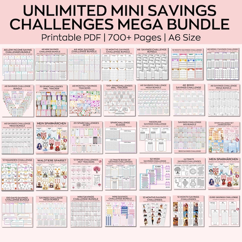 May include: A collection of printable A6 size savings challenge trackers. The trackers feature a variety of themes and designs, including hearts, flowers, and animals. The text on the image reads "Unlimited Mini Savings Challenges Mega Bundle".