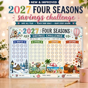 以下が含まれることがあります： 冬、春、夏、秋の4つの縦列を備えた2027 Four Seasons Savings Challengeトラッカーシート。各セクションには季節のアイコン、金額が記載された貯金用バブル、開始日、合計貯金額、目標日を記入するための空白フィールドが含まれています。