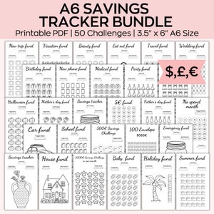 A6-bundel met spaartracker, Black&White-besparingen, spaaruitdaging, budget, financiële planner, digitale GoodNotes, euro, pound.dollar