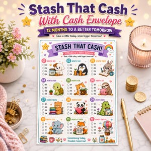 Op de afbeelding: Een 12-maanden spaartracker-kaart getiteld Stash That Cash with Cash Envelope, met kleurrijke illustraties van dieren zoals een puppy, pinguïn en panda, elk gelabeld met de maanden één tot twaalf en selectievakjes voor geldbedragen.