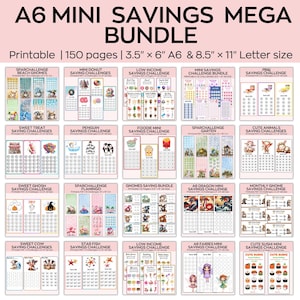 Mega bundle di sfide per il risparmio di denaro, mini tracker per le sfide del risparmio in formato A6, raccoglitore per budget, pianificatore finanziario, 100 buste