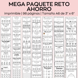 Puede incluir: Un gráfico imprimible en blanco y negro con 98 páginas para un desafío de ahorro. El gráfico incluye varias categorías como "Deuda de Préstamo", "Fondo Dental", "Feliz Halloween", "Regalos", "Fondo de Recetas", "Alfabeto", "Donaciones" y "GOMA DE MASCAR".