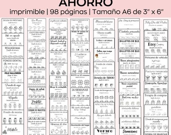 Paquete gigante de retos de ahorro, hojas imprimibles A6 para el seguimiento de ahorros en español, mini reto de ahorro, carpeta de presupuesto, finanzas, 100 sobres
