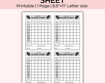 May include: A printable Bunco score sheet with four score card templates. Each card has spaces for rolls 1-6, and sections for totals, Buncos, mini Buncos, wins, and losses. The sheet is 8.5"x11" letter size.