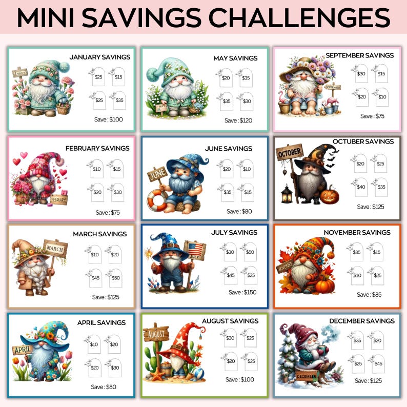 May include: A chart with 12 colorful squares, each featuring a gnome with a different seasonal theme. Each square has a title with the month and the word "Savings" and a list of dollar amounts to save each week. The total amount to save for each month is listed at the bottom of each square.