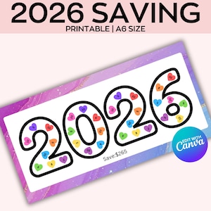 Op de afbeelding: Een afdrukbare A6-formaat spaartracker met het jaar 2026 in grote zwarte cijfers. Elk cijfer is gevuld met kleurrijke hartvormige iconen, elk met een andere waarde. De achtergrond heeft een marmeren ontwerp met roze, paarse en gouden tinten.