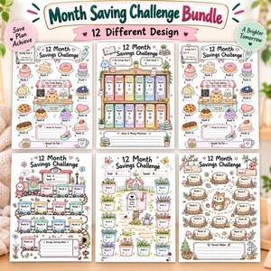 Può includere: Un pacchetto di sfide di risparmio di 12 mesi con 12 design diversi su fogli stampati. Ogni foglio include illustrazioni colorate come una panetteria, un treno, vasi di fiori e scene di bosco con il testo 12 Month Savings Challenge.