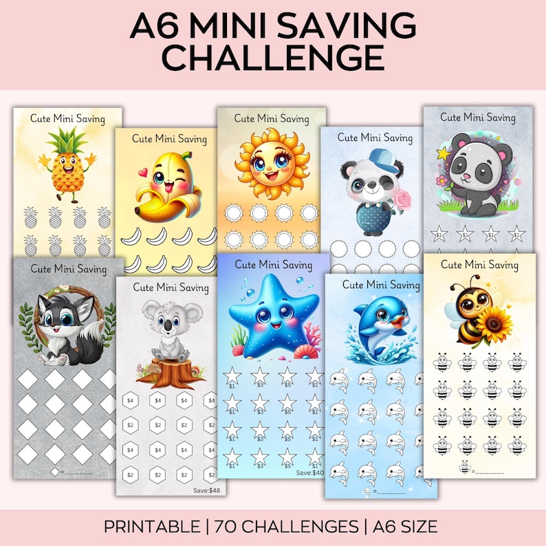 May include: A collection of printable A6 mini saving challenge cards featuring various cute cartoon characters like a pineapple, banana, sun, panda, and bee. Each card has a unique design with spaces to track savings. The text "Cute Mini Saving" is displayed on each card.