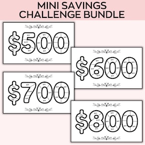 May include: Four black and white printable worksheets for a savings challenge. Each worksheet features a large dollar sign with a circle divided into sections. The amounts on the worksheets are $500, $600, $700, and $800.